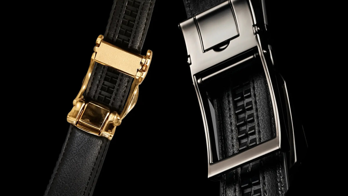 Vittelo track system belt buckles in gold and gunmetal